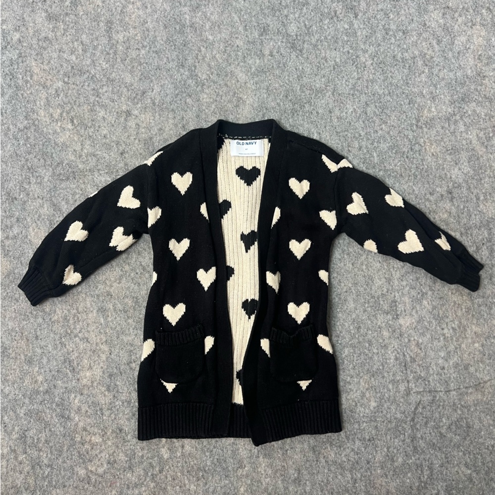 Old Navy Kids Girl Size 4T Black open Cardigan Sweater Cream Heart Pattern